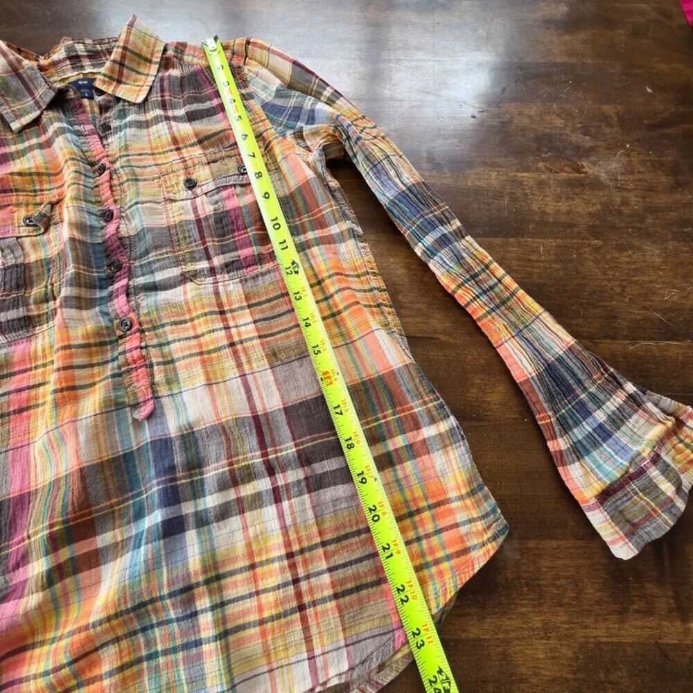 Gap Plaid Popover Shirt S Multicolor 100% Cotton Half Button Top Cinched Sleeve - Picture 7 of 9